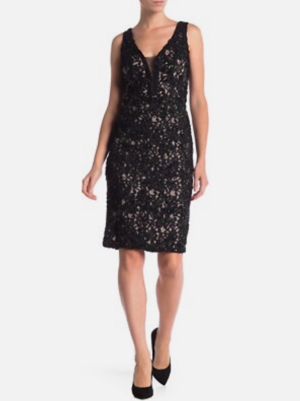 Marina Black Lace Overlay V-Neck Cocktail Dress with Blush Lining